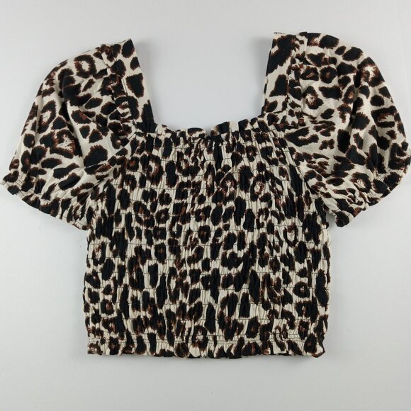 Monteau Puff Sleeve Smocked Crop Top Women's Size S Leopard Print Linen Blend - Picture 5 of 8